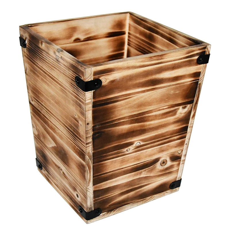 Decorative Rustic Burnt Wood Trash Can, Farmhouse Stylish Wooden Waste Basket Ne