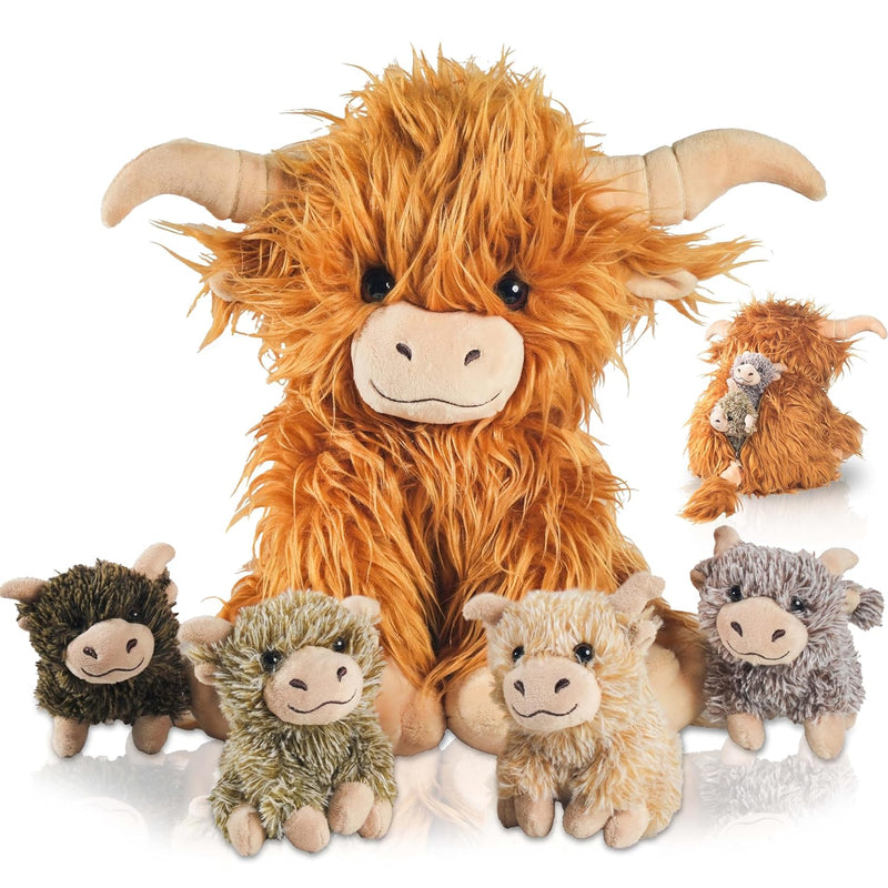 5 Pcs Plush Highland Cow Stuffed Animals Set, Realistic Mommy Scottish Cow