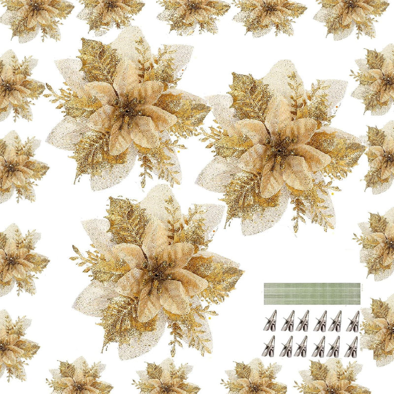 30 Sets Christmas Flowers Poinsettia Flowers Decorations Glitter Xmas Tree Flo