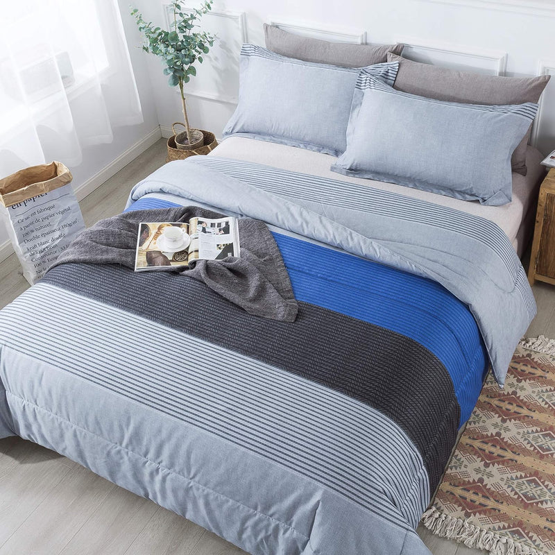 Twin Comforter Set Blue (66X90 Inch), 2 Pieces Patchwork Striped Comforter Bed