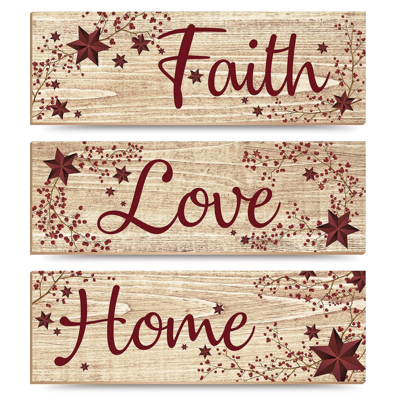 3 Pieces Faith Love Hope Wall Decor Christmas Country Stars And Berries Sign 1