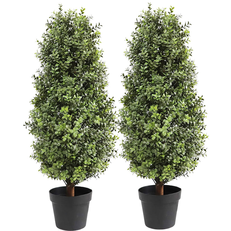 Artificial Topiary Boxwood Tree,Faux Shrub,Includes Black Plastic Pot,2 Packs