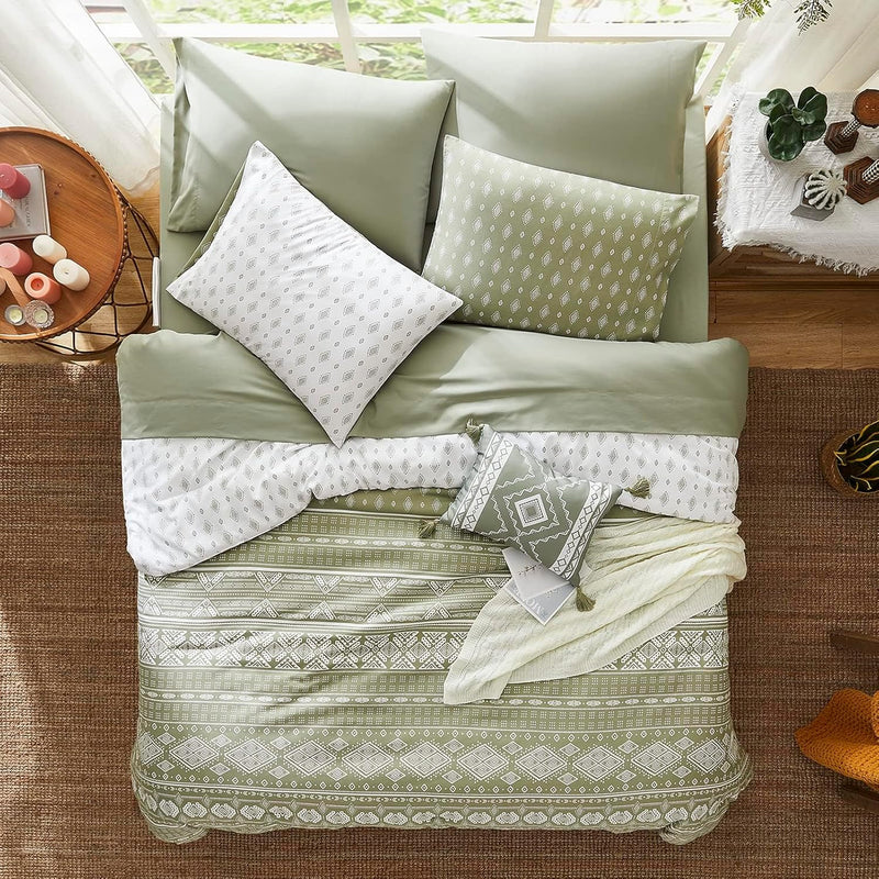 Olive Green Queen Comforter Set 8 Piece, Reversible Boho Comforters Queen Size