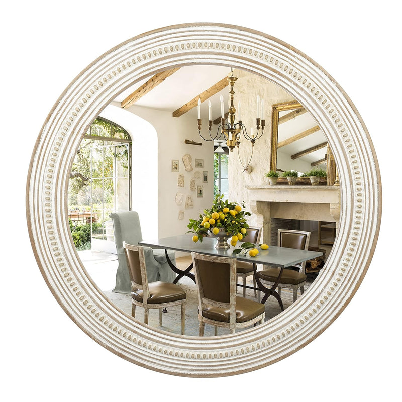 24" Rustic Round Wood Mirror, Distressed Decorative Mirrors For Wall Decor, Fa