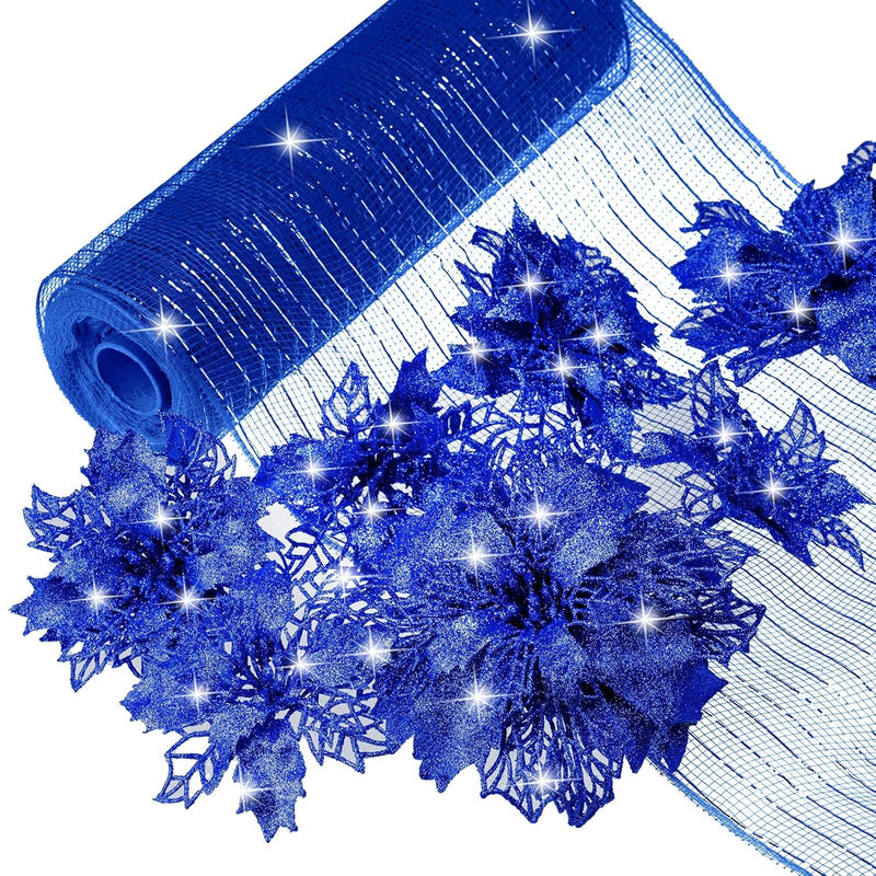 20 Pcs Artificial Poinsettia Flowers Glitter Christmas Tree Ornament And 30 Ft
