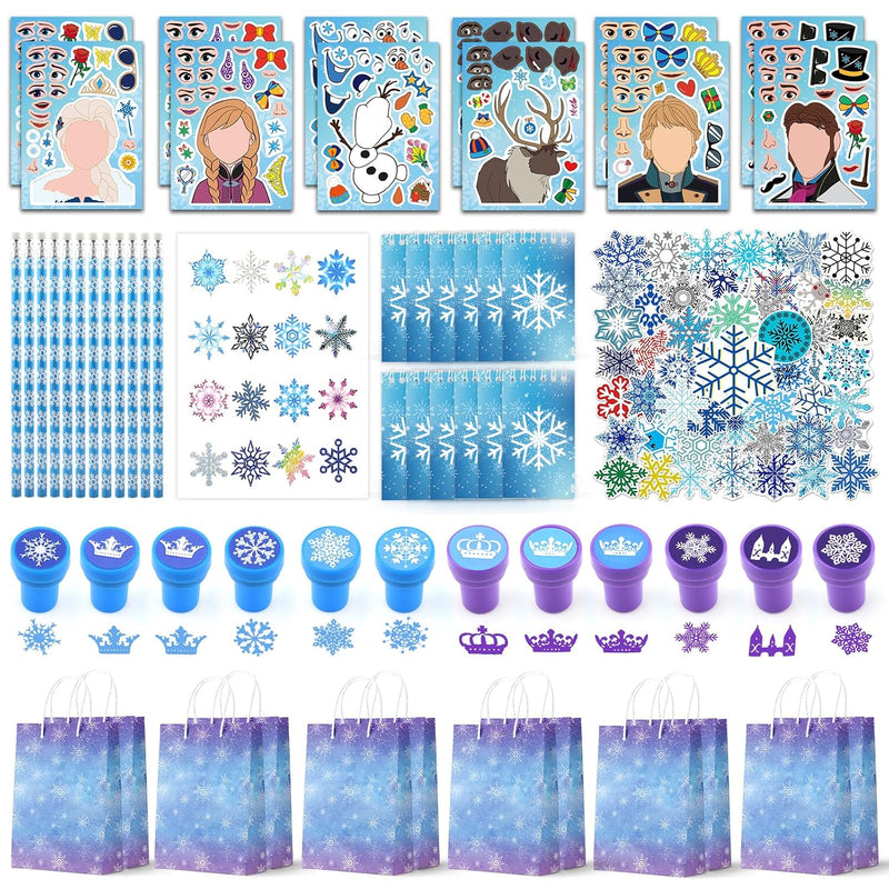122 Pcs Snowflake Party Favor Set with Goodie Bags, Stickers & Make-a-Face Crafts