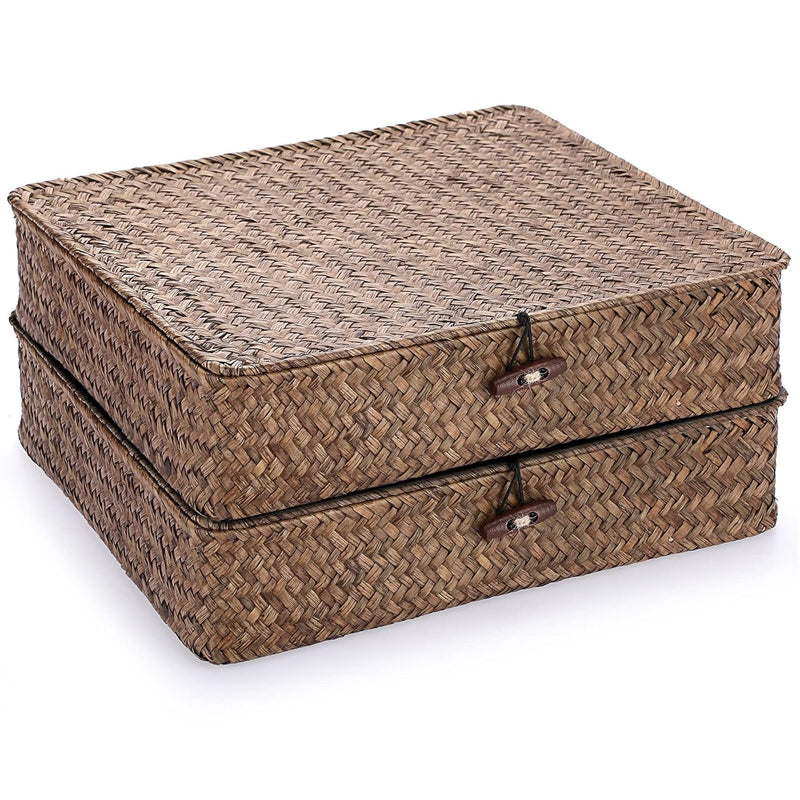 Woven Wicker Basket Bins With Lid - Set Of 2 Flat Seagrass Storage Baskets Boxes