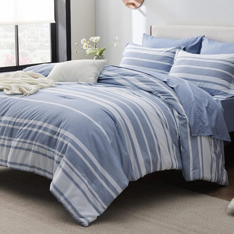 Bed In A Bag Full Size 7 Pieces, Blue White Striped Bedding Comforter Sets All