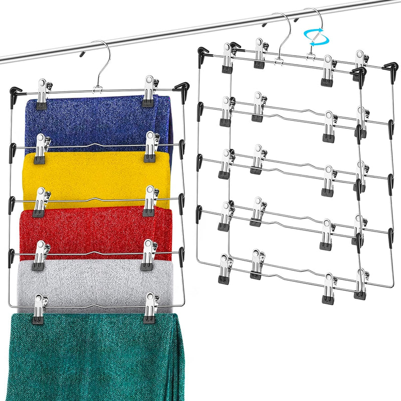 5-Tier skirt hangers with clips (3 PK) pant hangers space saving multiple hangers in one clothes hangers with clips multiple pants hangers for closet bottom hangers metal hangers with clips