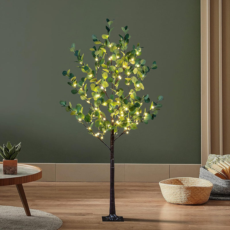 5Ft Lighted Eucalyptus Tree 162 Warm White Led Artificial Greenery With Lights