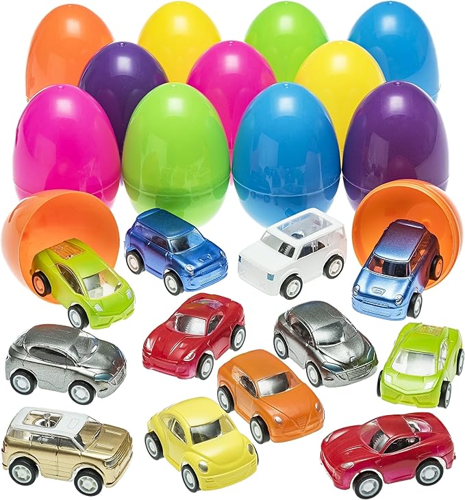 PREXTEX 12-Pack Stuffed Easter Eggs Toy with Mini Pull-Back Toy Car Inside - Easter Basket Stuffers and Fillers - Plastic Toy Gifts and Presents for Girls, Boys, Kids, Toddlers