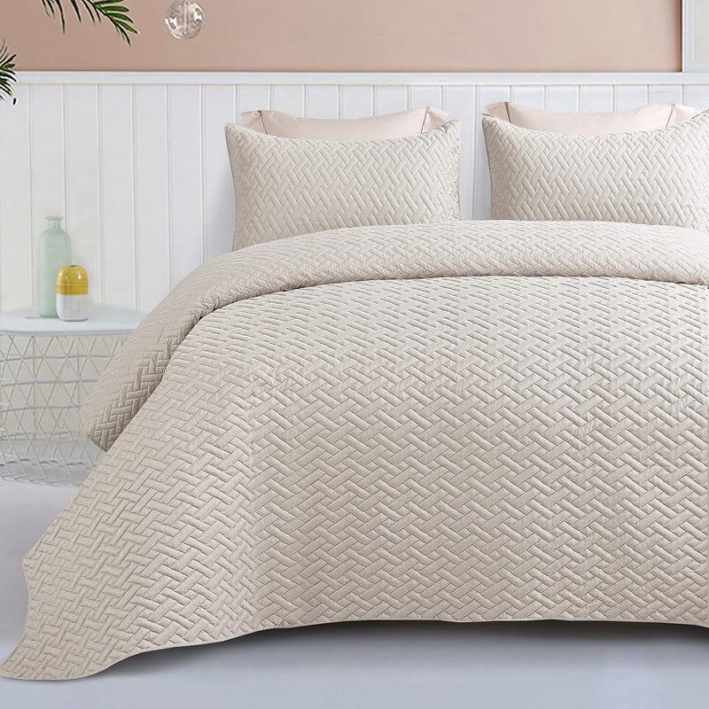 3-Piece King Size Quilt Set With Pillow Shams, Basket Quilted Bedspread/ Cover