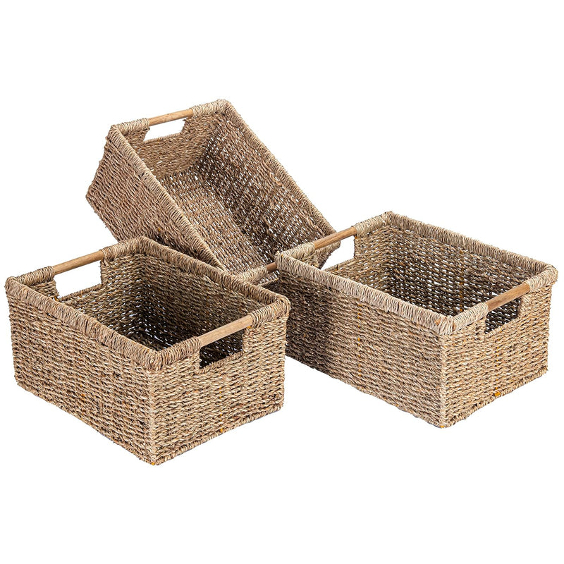 Large Wicker Basket Rectangular With Wooden Handles For Shelves, Seagrass Basket