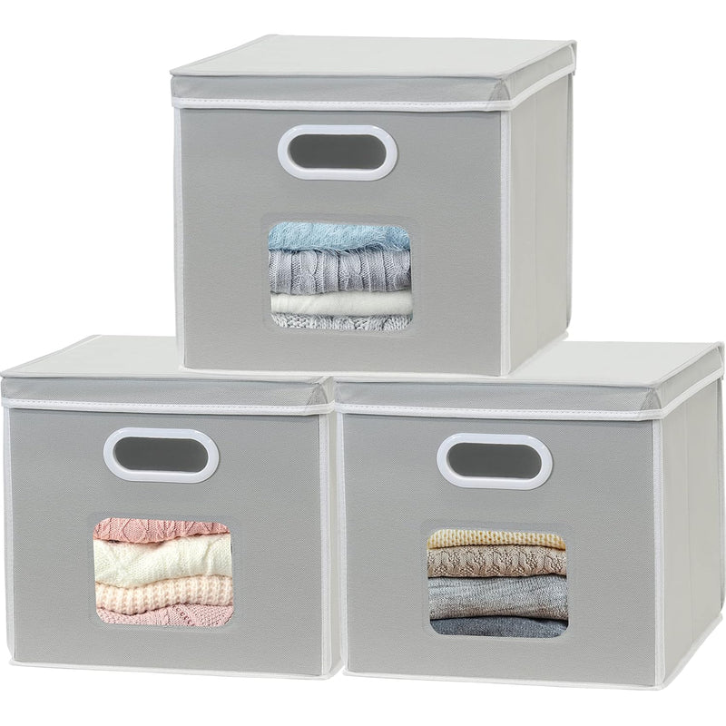 3-Pack 12-Inch Clear Window Cube Storage Bin With Lid, Grey