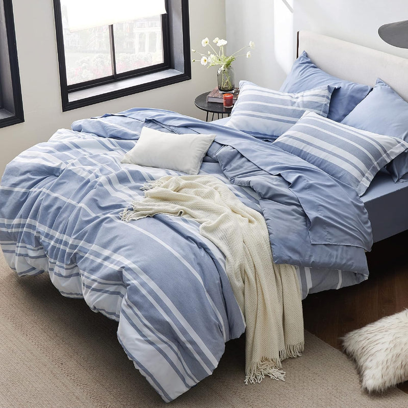 Bedding Sets Queen 7 Pieces, Striped Blue Comforter Set Queen All Season Bed S