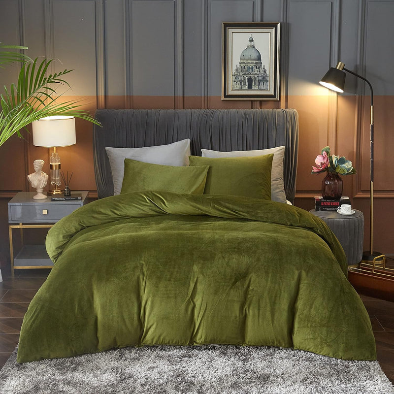 Velvet Flannel Duvet Cover King Size Olive Green Comforter Cover Ultra Soft Br