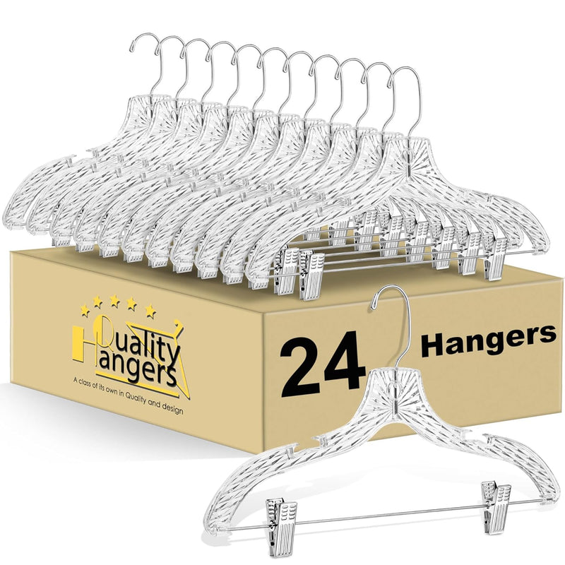 Clear Plastic Hangers For Pants 24 Pack - Skirt Hangers With Crystal Cut Design