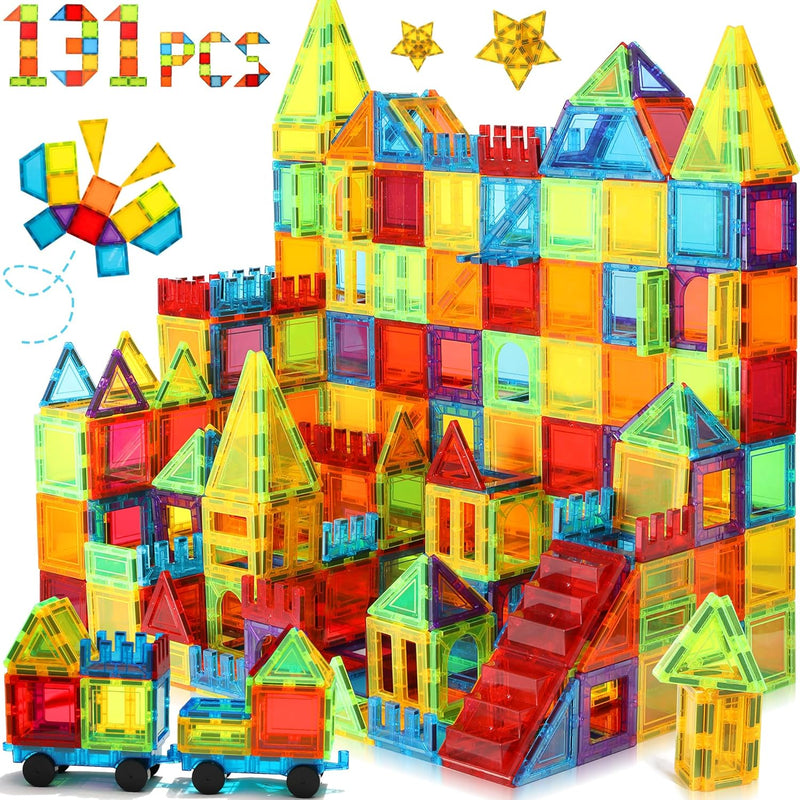 W Magnetic Tiles For Kids Ages 3 5 4 8, 131Pcs Magnetic Blocks With 2 Cars,