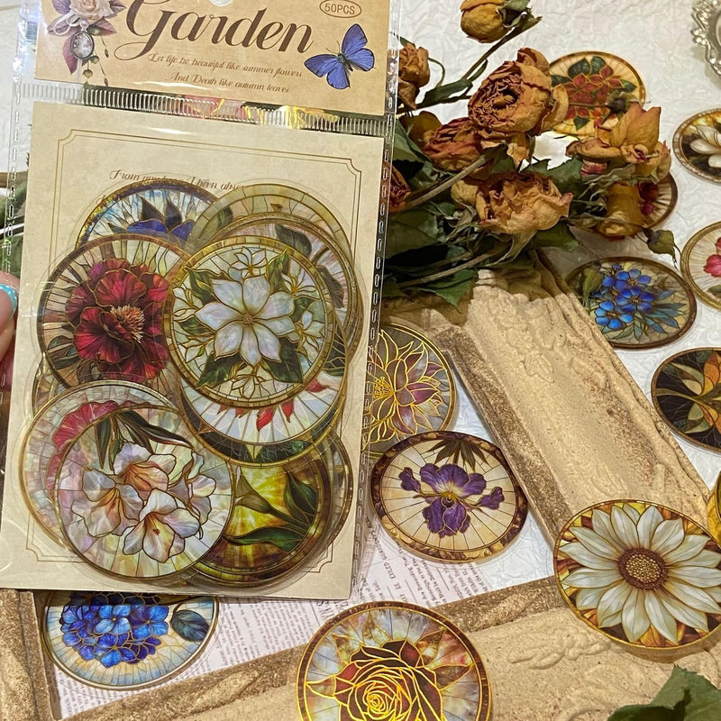 Aesthetic Scrapbook Goldfoiled Round Glass Flower Stickers 50PCS Transparent