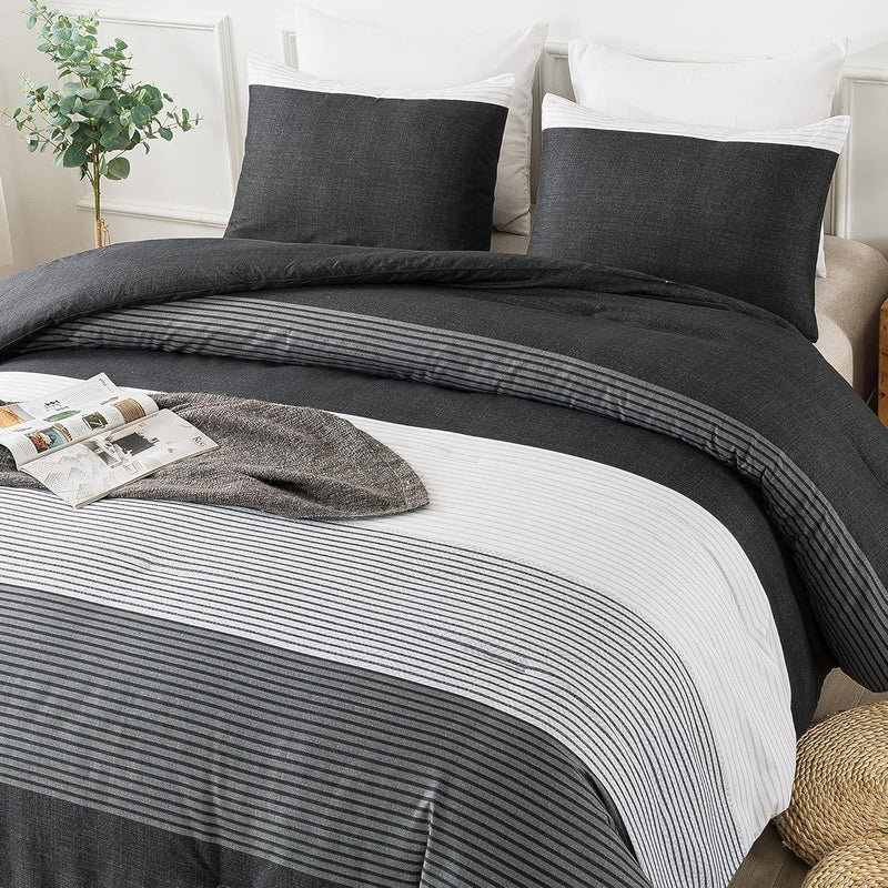 Full Size Comforter Set (79X90 Inch), 3 Pieces Black White Gray Patchwork Stri