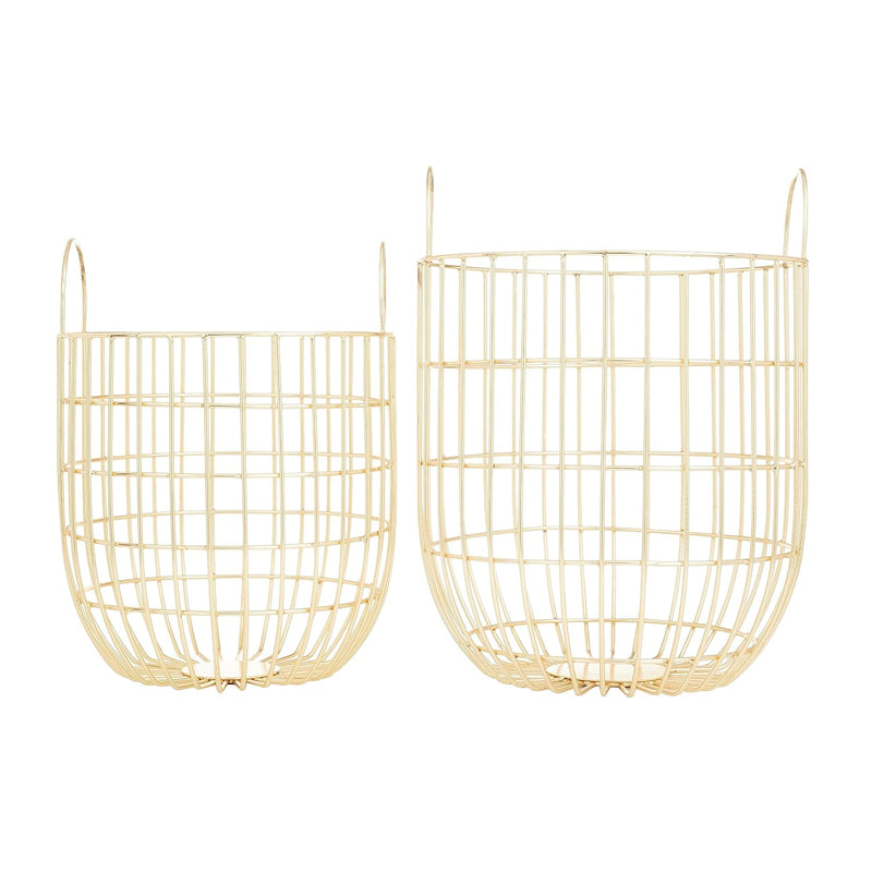 Contemporary Metal Round Storage Basket, Set Of 2 13", 11"W, Gold