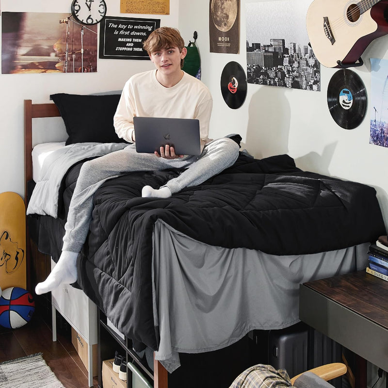 Black Twin Comforter Set - 5 Pieces Reversible Black Bedding Set Twin, Black B