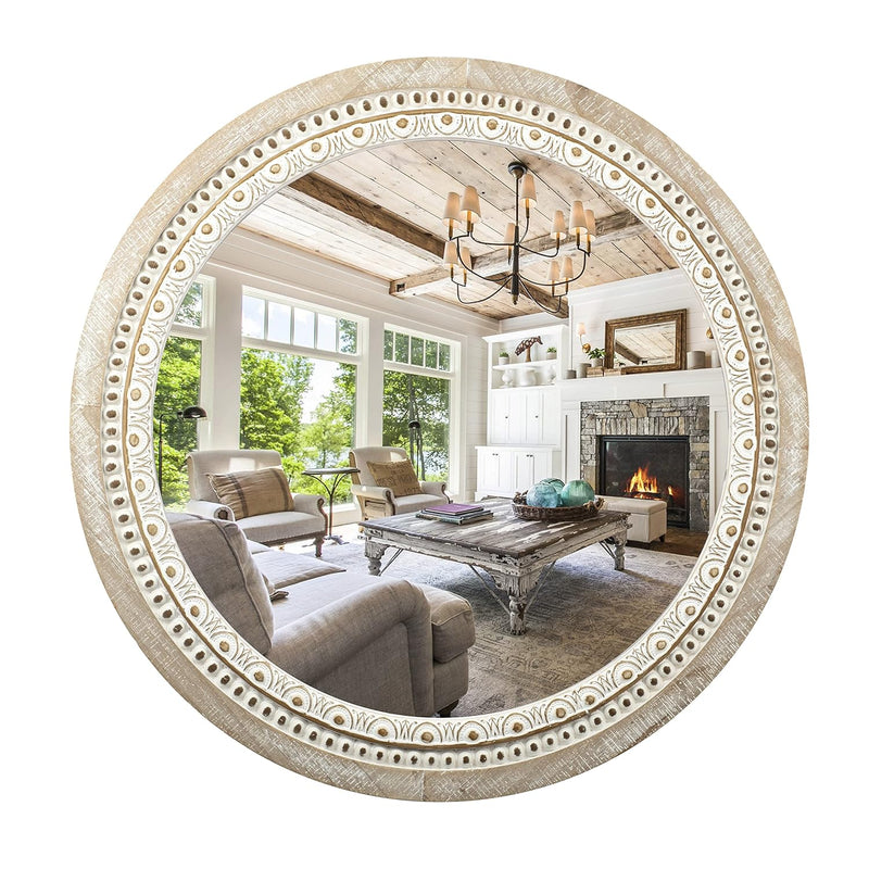 Round Decorative Wall Mirrors, 24" Farmhouse Circle Mirror With White Wash Bea