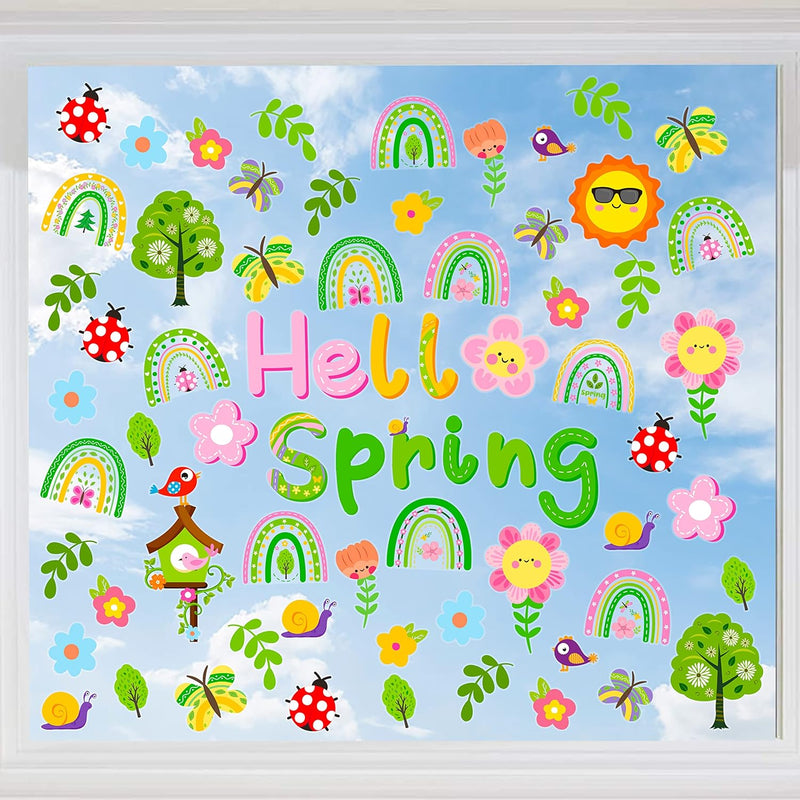 8 Sheets Hello Spring Rainbow Window Clings Springtime Rainbow Flower Butterfl