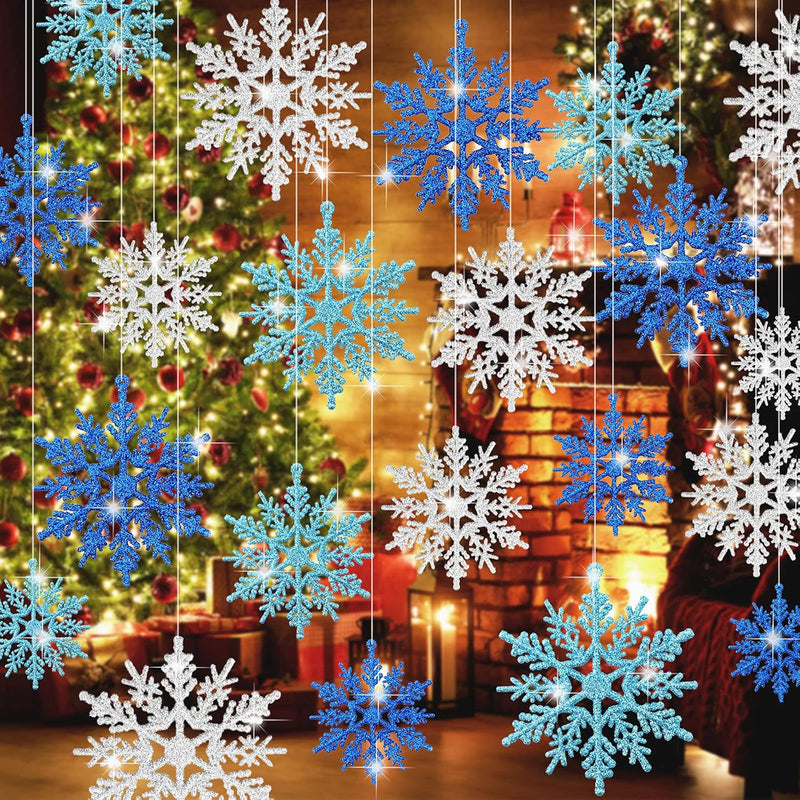 45Pcs Winter Snowflake Ornamenr Glitter Blue Silver Snowflake Hanging Pendant