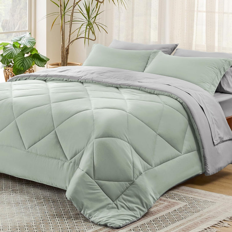Sage Green Queen Comforter Set - 7 Pieces Reversible Bed Set Sage Green Bed In A Bag Queen With Comforters, Sheets, Pillowcases & Shams, Queen Bedding Sets
