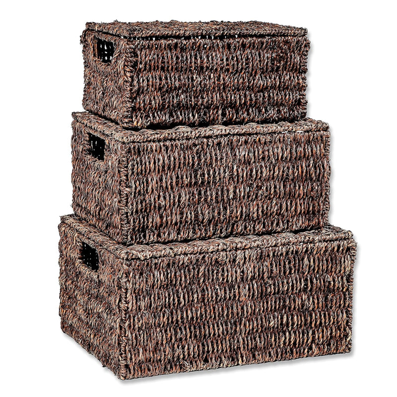 Set Of 3 Rectangular Seagrass Baskets With Lids (Brown)