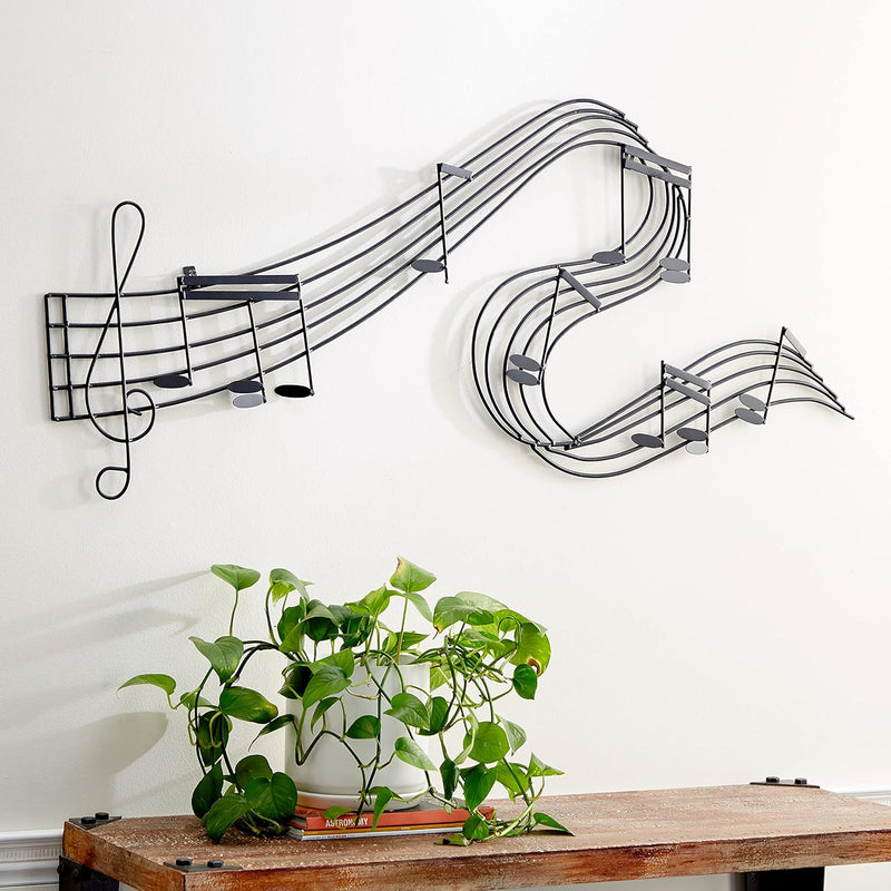 Metal Musical Notes Wavy Wall Decor, 49" X 1" X 21", Black