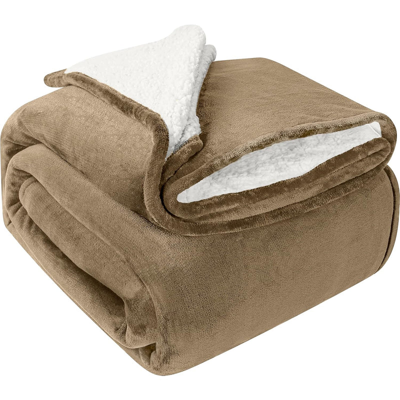 Sherpa Bed Blanket Queen Size Camel 480Gsm Plush Blanket Fleece Reversible Bla