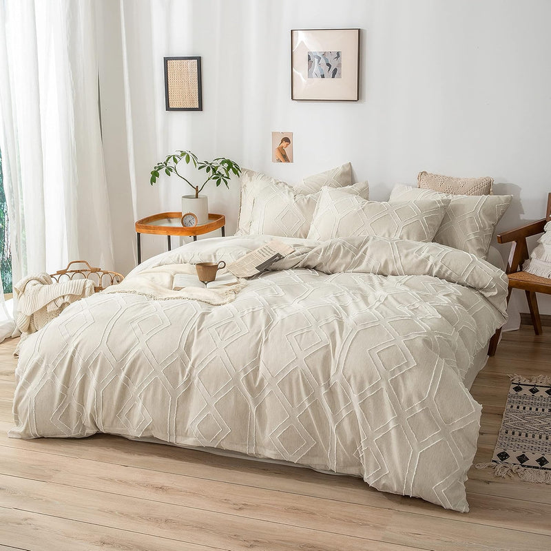 3-Pieces Cream Tufted Shabby Chic Boho Geometric Style Comforter Set Queen Siz