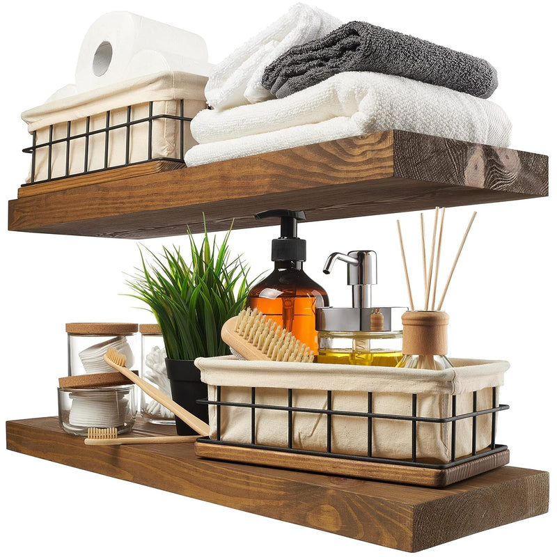 Bundle - 2 Items: Wood And Wire Baskets With Floating Shelves For Bathroom Dec