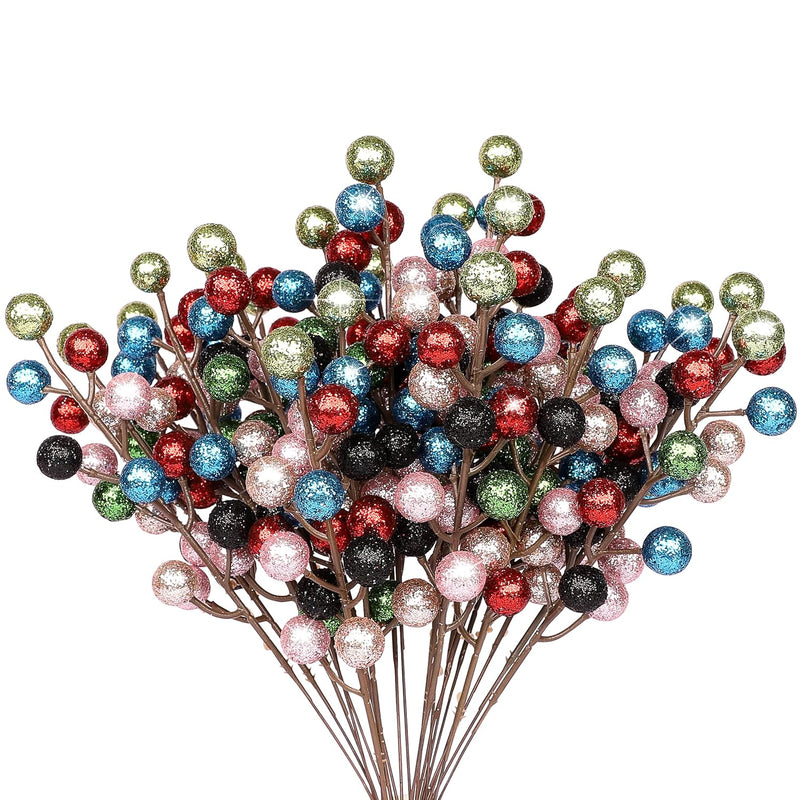 24 Pack Artificial Berry Stems Branches, Christmas Faux Holly Colorful Berries