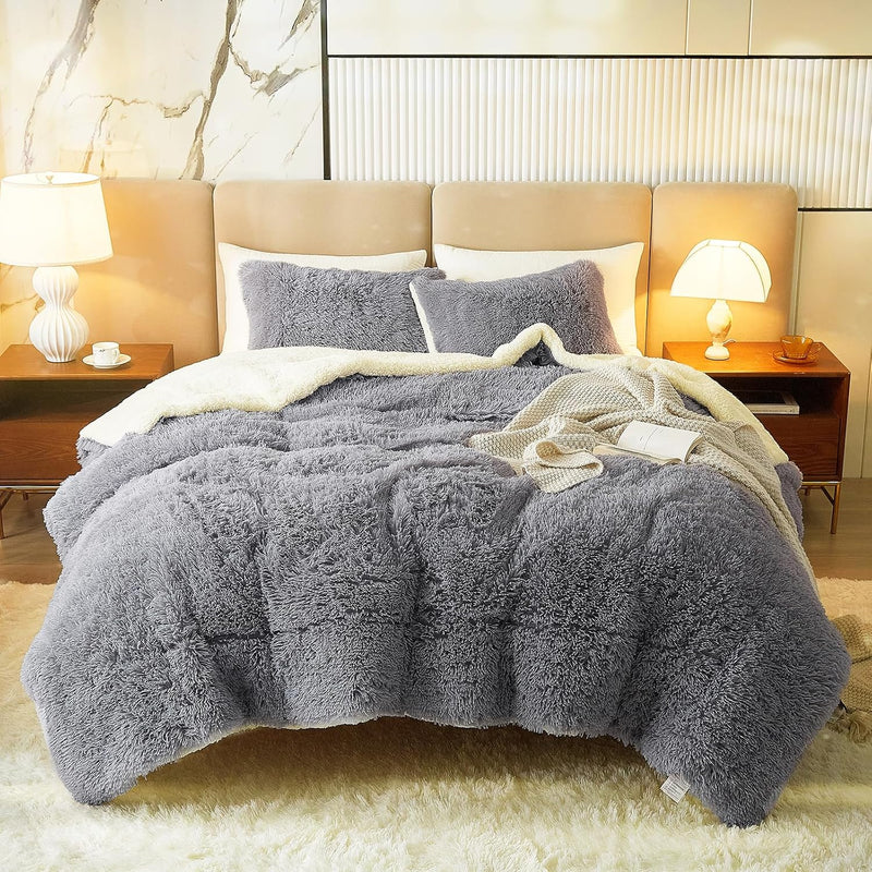 Luxury Faux Fur King Size Winter Comforter Set Shaggy Velvet Gray Long Hair, 3