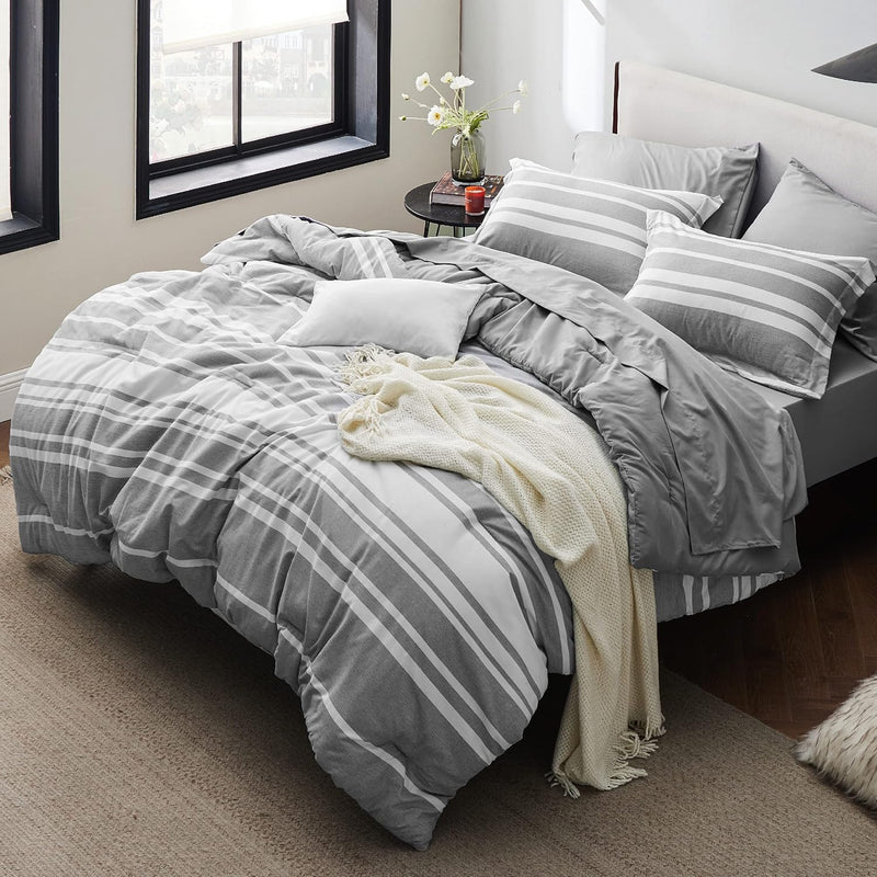 Bed In A Bag Queen 7-Piece Gray White Striped Bedding Comforter Sets Cationic