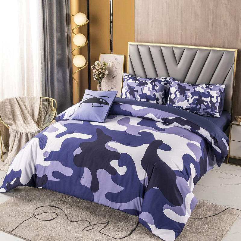 6 Pcs Blue Camo Comforter Set Twin Bed In A Bag, Farmhouse Camouflage Army Bed