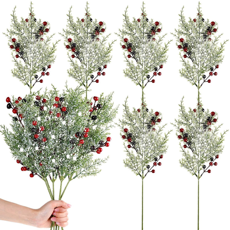 6 Pcs 19.3 In Christmas Tree Picks And Sprays Winter Snowy Holly Red Berry Ste
