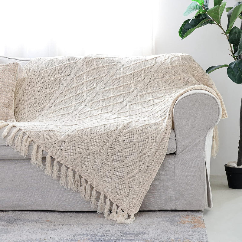 Solid Soft Cozy Cable Knitted Blanket Throw, Lightweight Decorative Textured C