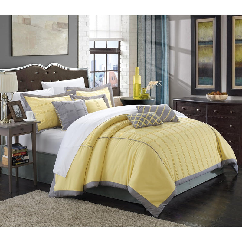 111Cq111-An 8 Piece Rhodes Pintuck Color Block Comforter Set, Queen, Yellow