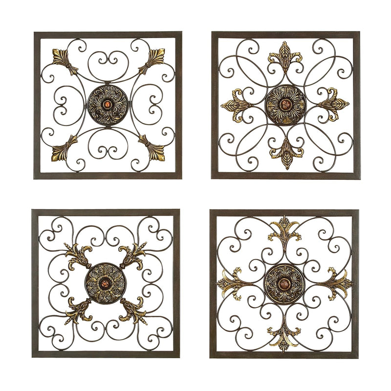 Metal Fleur De Lis Scrollwork And Wall Decor, Set Of 4 16"W, 16"H, Brown