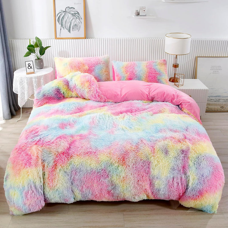 3Pcs Rainbow Girls Bedding Sets Queen Size Ultra Soft Long Hair Plush Shaggy D