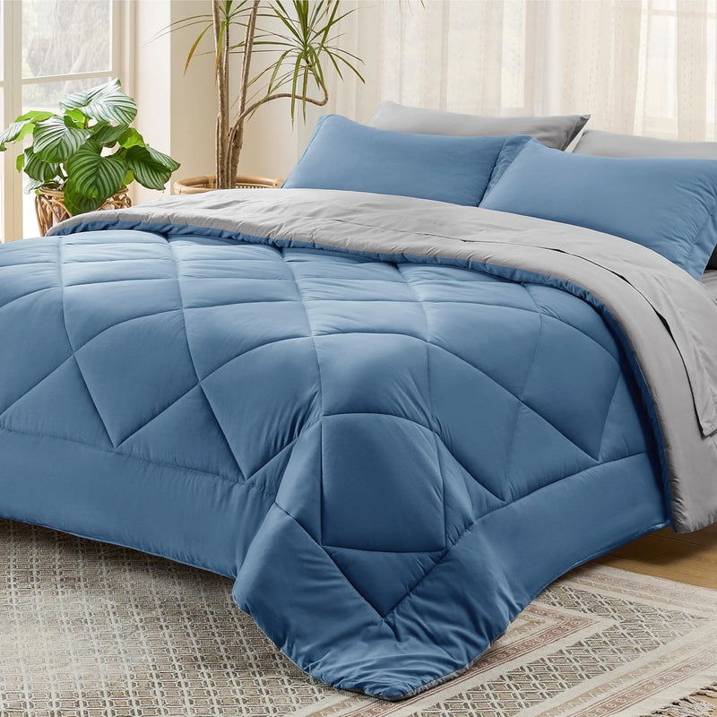 Blue Comforter Set Queen - 7 Pieces Reversible Blue Bed In A Bag With Comforte