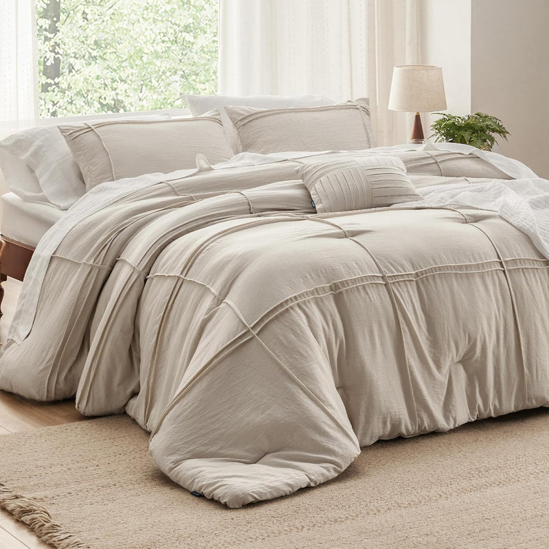 Beige Twin/Twin Xl Kids Comforter Set - 3 Pieces Grid Pleated Bed Set, Down Al