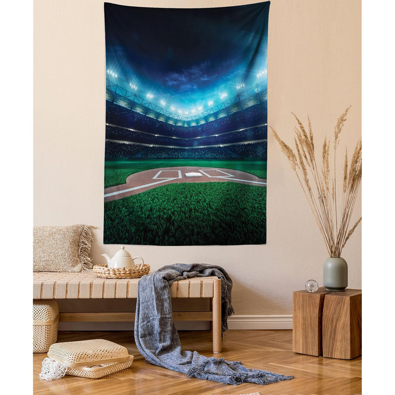 Baseball Tapestry Queen Size, Professional Baseball Field At Night Vibrant Pla