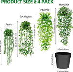 Artificial Hanging Plants for Shelf, 4 Pack Fake Potted Greenery Faux Eucalyptus Vine, Mandala Vine, String of Pearls,Pea pod Leaves in Pot for Office Living Room Bathroom Indoor Outdoor Décor