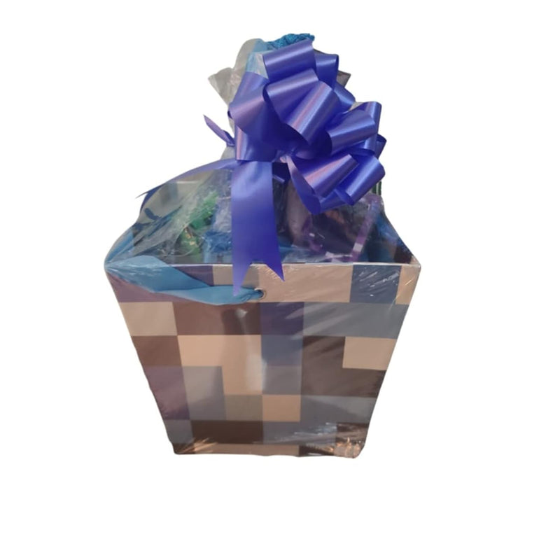 Blue Pixelated Graduation Birthday Gift Basket Gaming Gamer Gift Basket (Filled