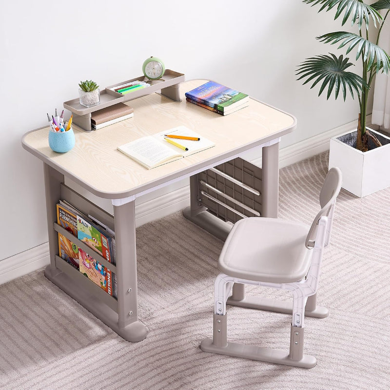 Kids Adjustable Desk & Chair Set with Bookshelf and Storage, Art & Study Table Ages 3-12